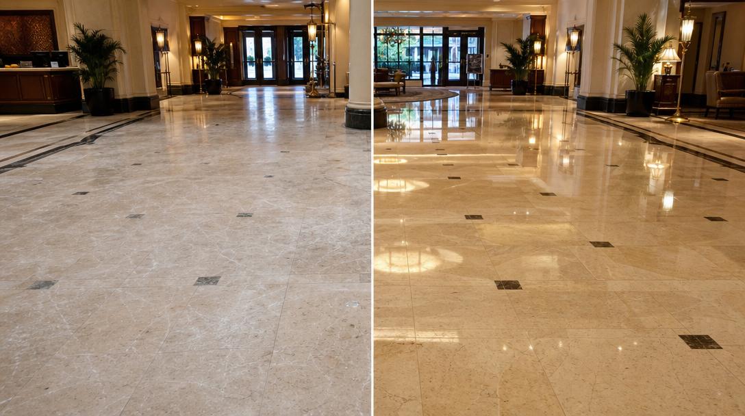 Lobby Floor Refinishing before and after